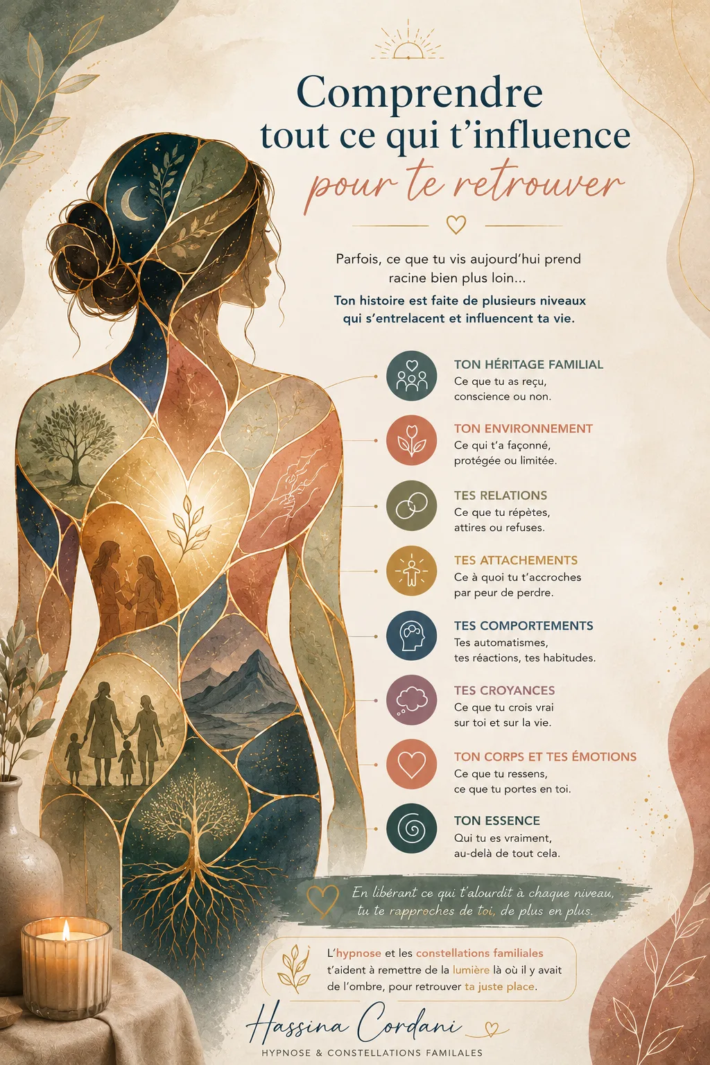 Illustration des différents niveaux qui influencent une personne : héritage familial, relations, croyances, corps, émotions et essence